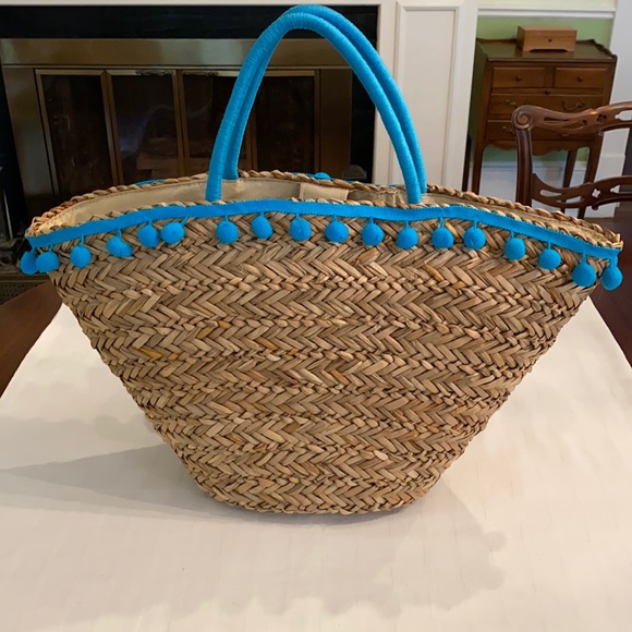 Neiman Marcus Tan Khaki Straw Woven Tote Bag Purse Shopper Blue Pom Pom Trim - Picture 1 of 10